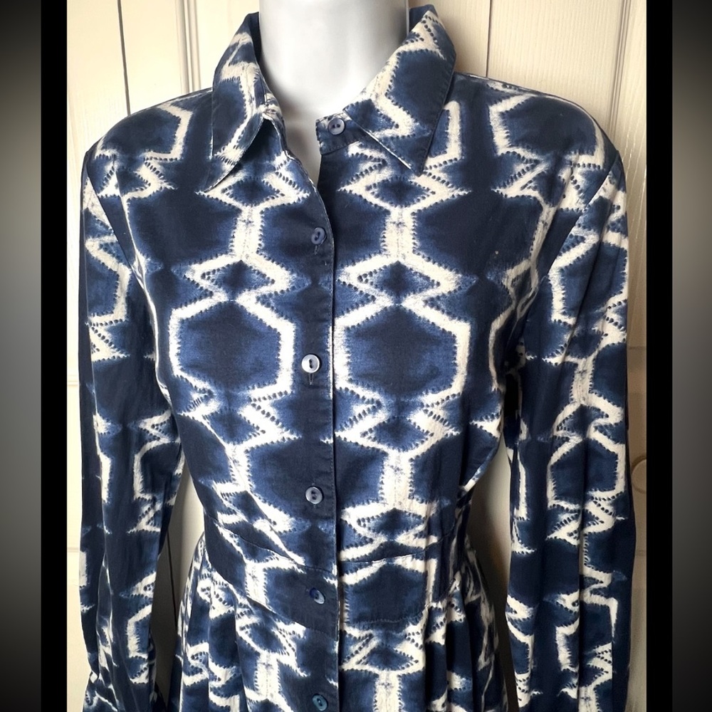 LAFAYETTE 148 Blouse Tunic Ikat Navy Blue White Button Down Long Sleeve - Picture 5 of 11